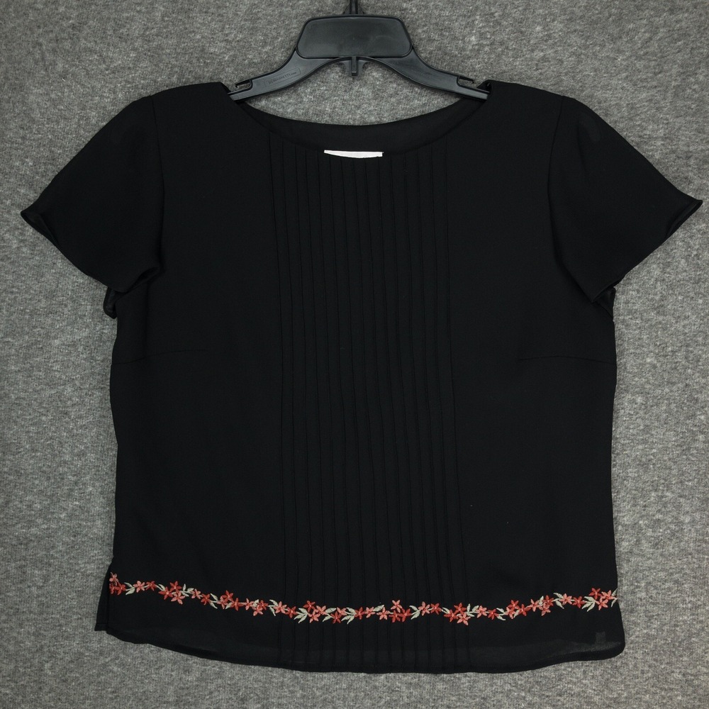 Y2K Studio 1 Blouse Women's Size 10 Polyester Lined Short Sleeve Black w/ Floral